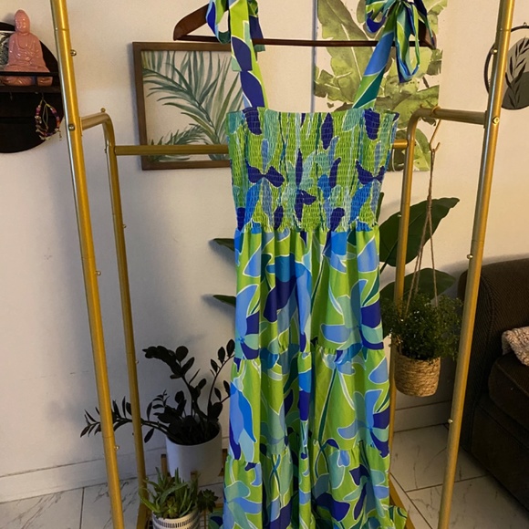 The Smocked Tie Shoulder Blue & Green Maxi Dress - Picture 2 of 2